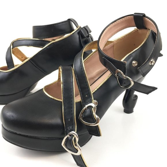 Black Lolita Liz Lisa Deary Unique Table Leg Heels Criss Cross Buckles size 40 - Picture 11 of 16